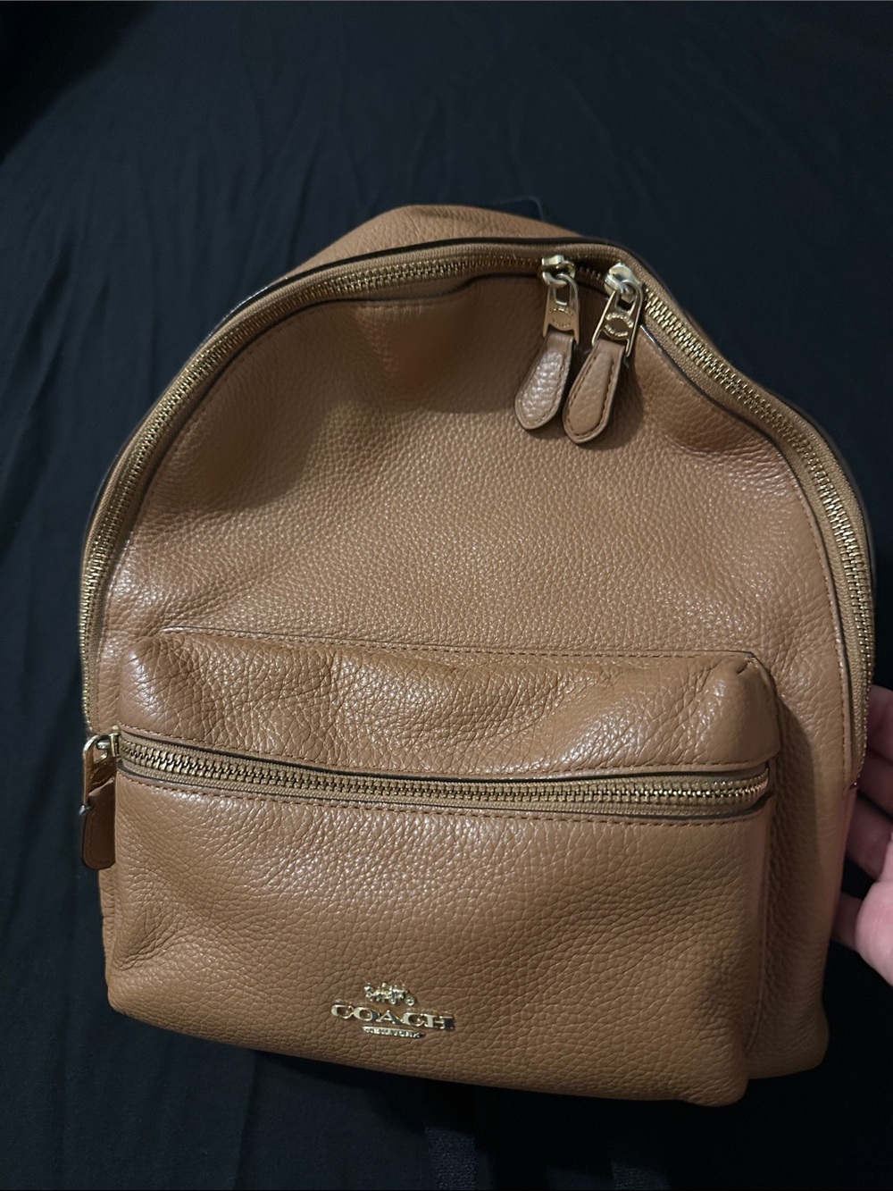 Coach Cognac Pebbled Leather Backpack with Gold Hardware